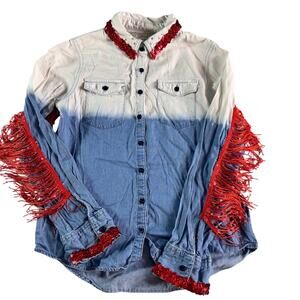 Swanky Vine Girls Western Fringe Shirt Ombre Red White Blue Sequin Rodeo Top